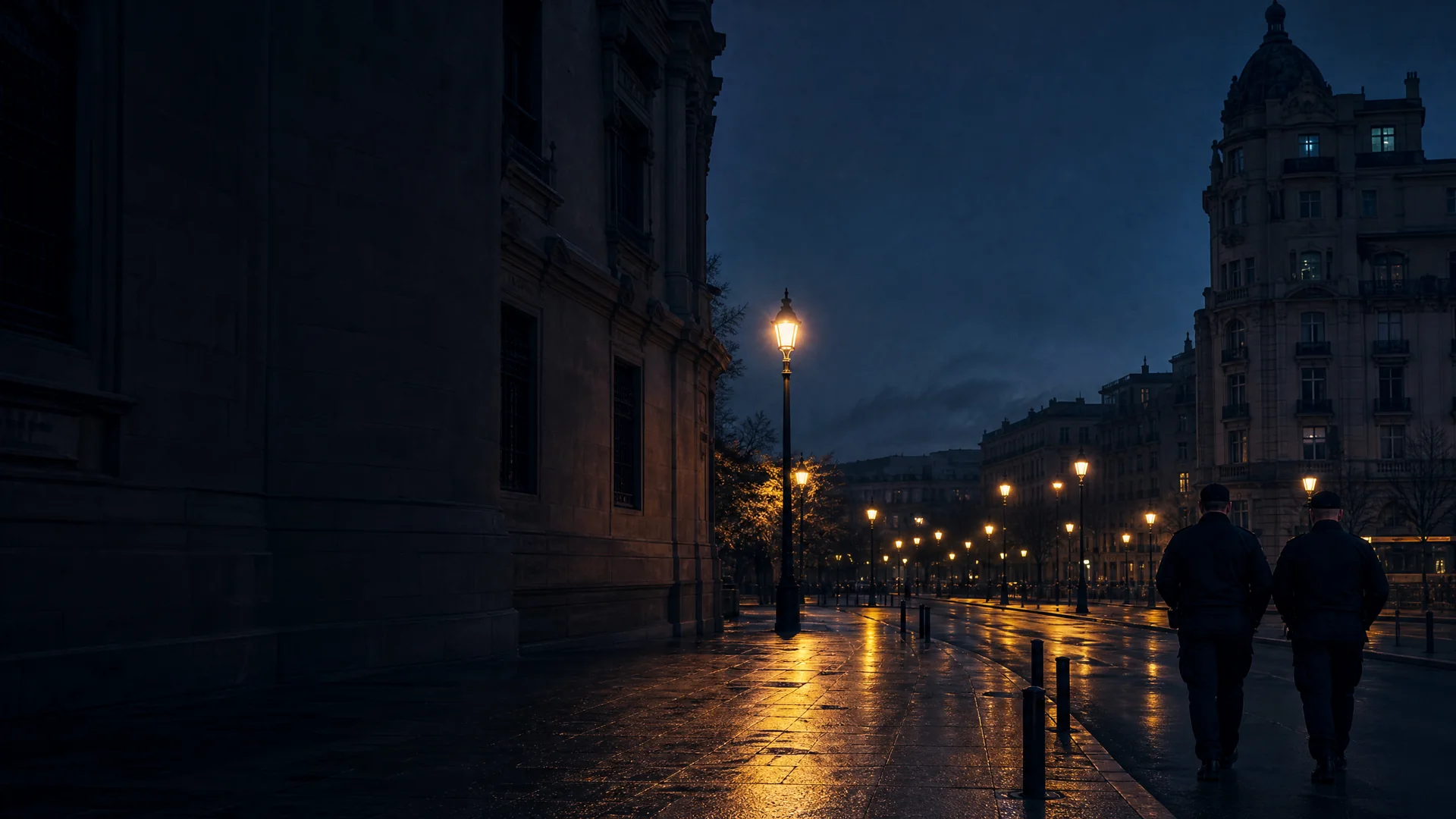 Vista urbana al amanecer con figuras de servicio en la distancia