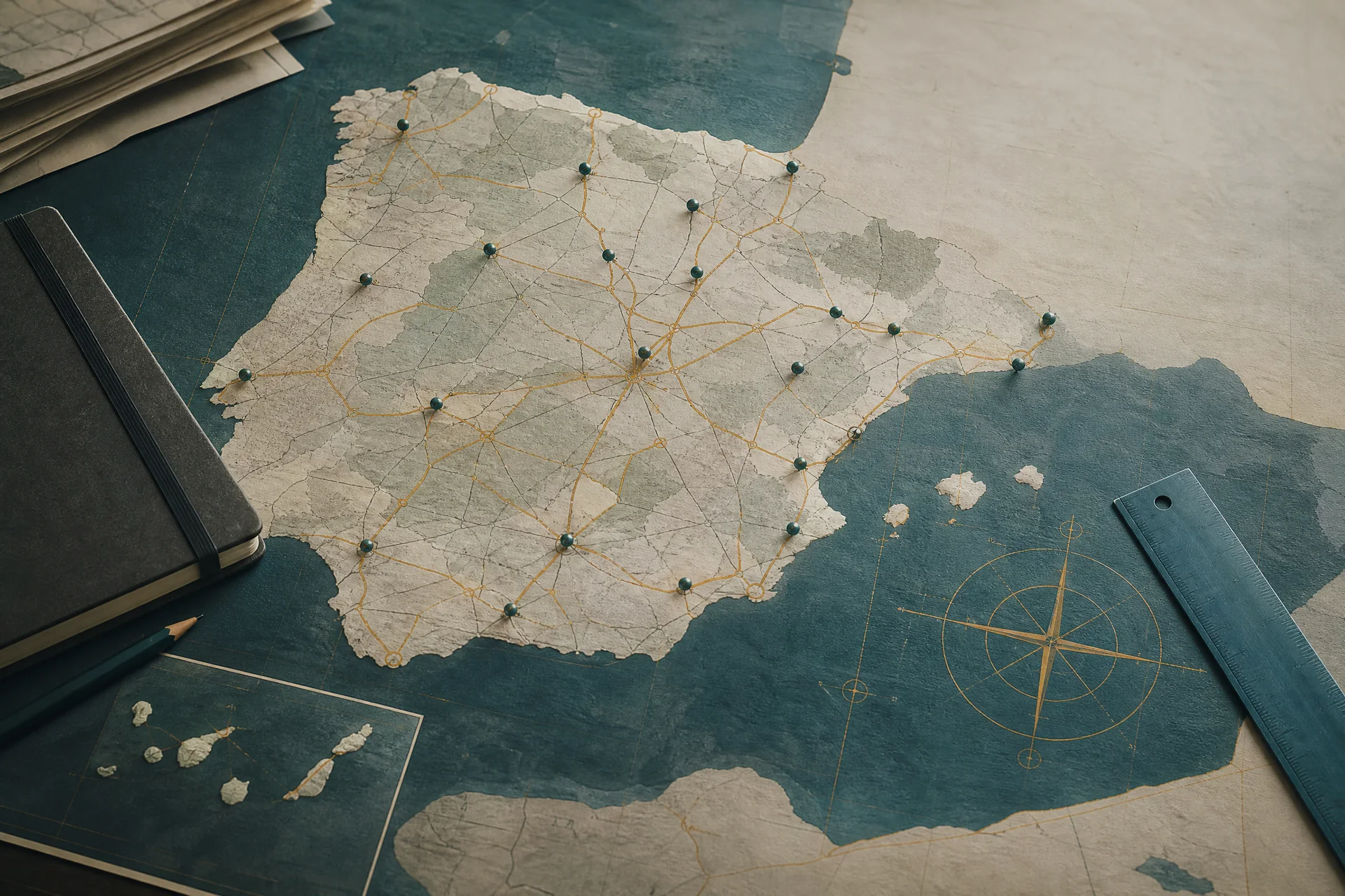 Mapa editorial con rutas y marcadores sobre una mesa de análisis